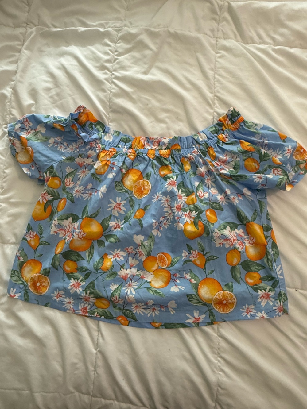 Skies Are Blue Blue Top with Orange and Green Citrus Print